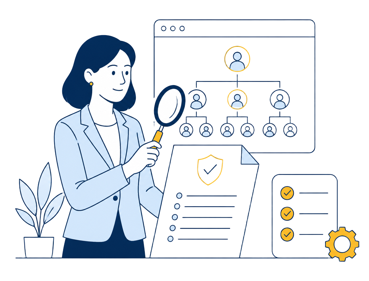 Illustration of an HR advisor reviewing an org chart and compliance checklist